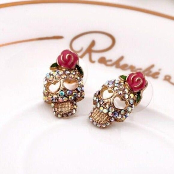 Sugar Skull Day of the Dead Crystal and Enamel Stud Earrings - Picture 1 of 4